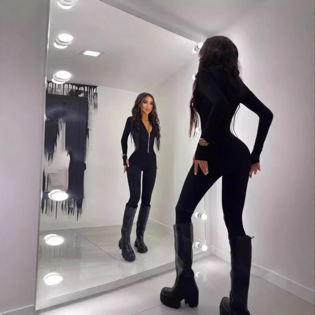 Damen Sportlicher Jumpsuit mit Reißverschluss und figurbetontem Schnitt EB