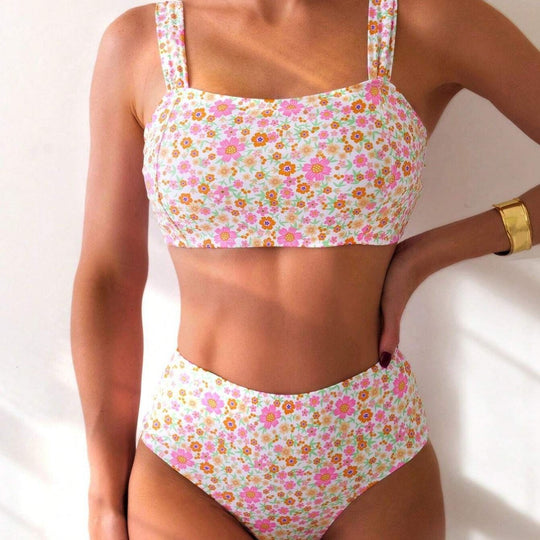 Damen Zweiteiliges Crop-Top Bikini-Set mit floralem Design und breiten Trägern EB