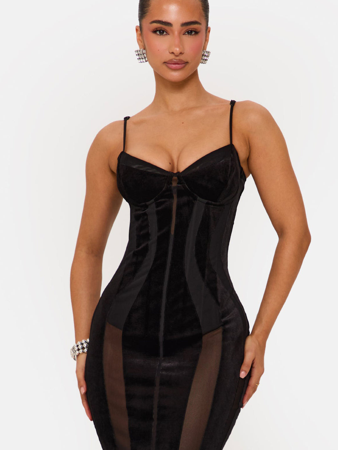 Damen Bodycon Kleid mit raffiniertem Korsett-Oberteil und transparenten Einsätzen EB