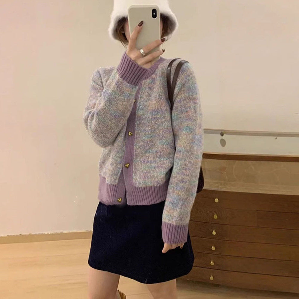 Damen kuschelige Strickjacke mit Herzknöpfen und kontrastierenden Rippdetails EB