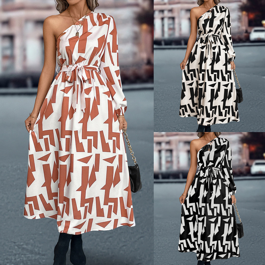 Damen Maxikleid mit asymmetrischem One-Shoulder-Design und Bindegürtel EB