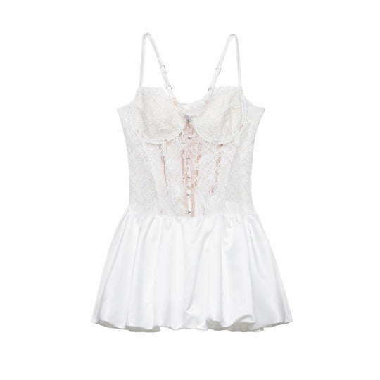 Damen Spitzen-Nachtkleid mit hochwertiger Satin-Rockpartie EB