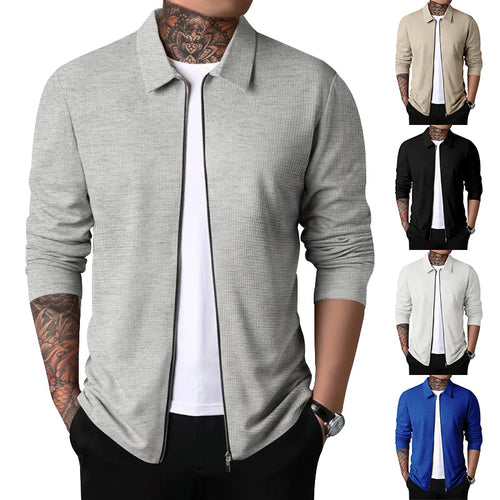 Herren nan Zip-Cardigan mit Hemdkragen und feiner Rippstruktur EB