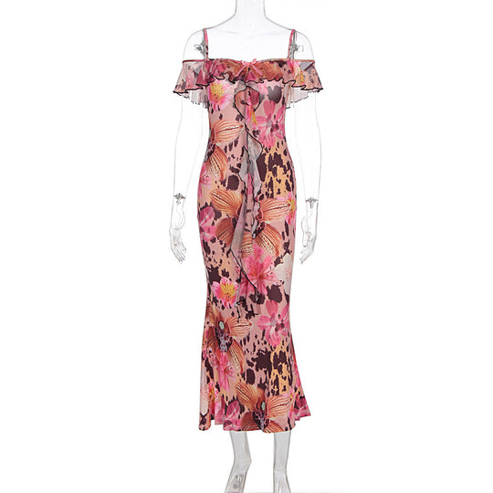 Damen Off-Shoulder Maxikleid mit floralem Muster und Rüschendetails EB