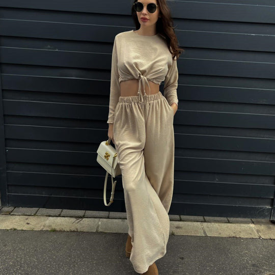 Damen Stylishes Zweiteiler-Set mit raffinierter Crop-Bluse und weiter Hose EB