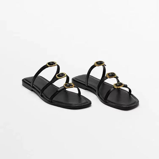 Damen Elegante Zehensteg-Sandalen mit modischem Riemendesign und goldenen Akzenten EB