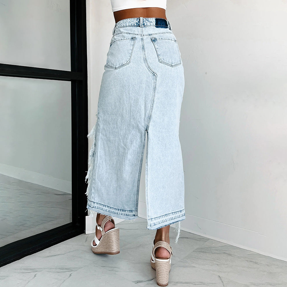 Damen Jeansrock mit asymmetrischem Schnitt und fransigen Details EB