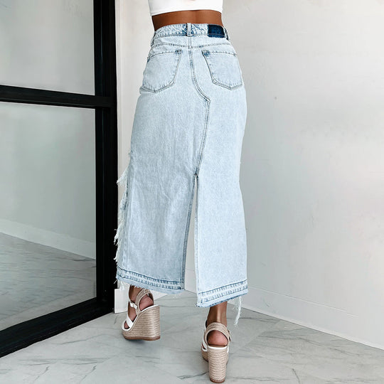 Damen Jeansrock mit asymmetrischem Schnitt und fransigen Details EB