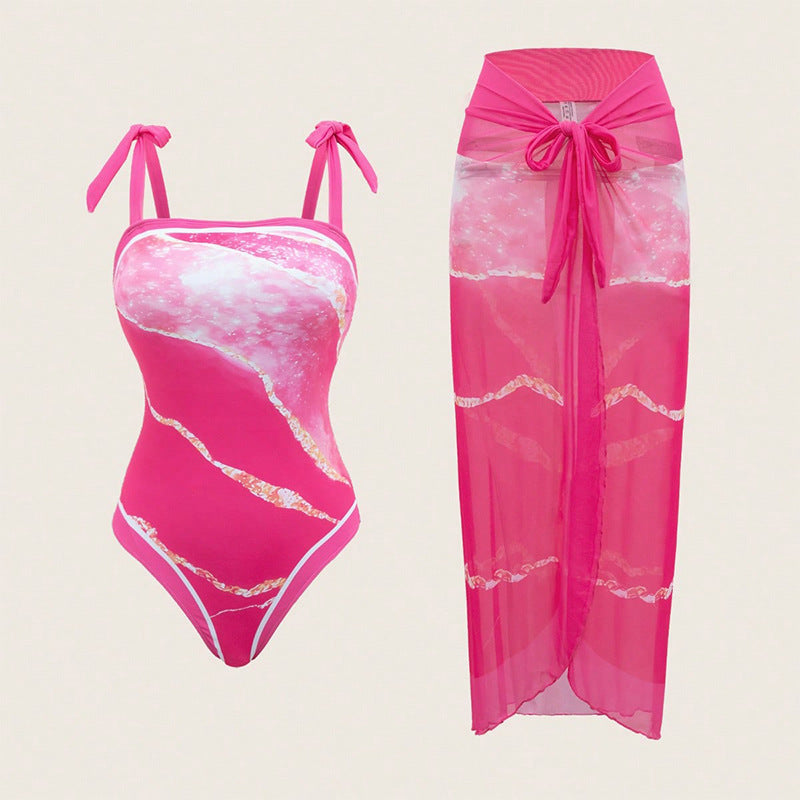 Damen Einteiliger Badeanzug mit transparentem Wickelrock EB