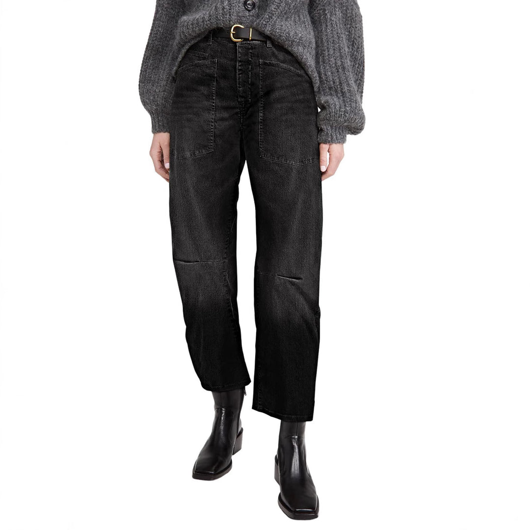 Damen nan lässige Canvas-Hose mit hohem Bund, weitem Bein und aufgesetzten Taschen EB