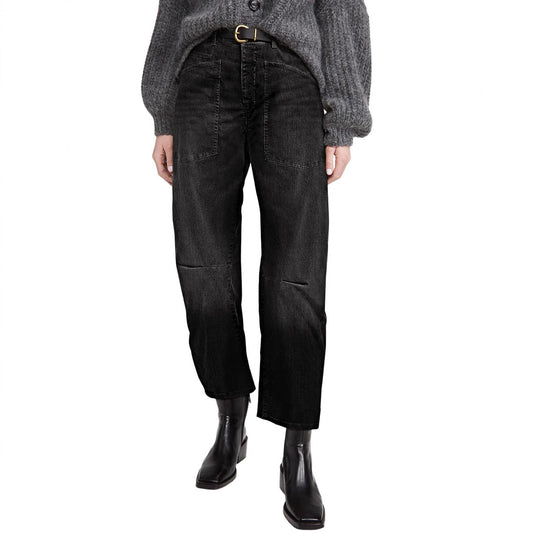 Damen nan lässige Canvas-Hose mit hohem Bund, weitem Bein und aufgesetzten Taschen EB