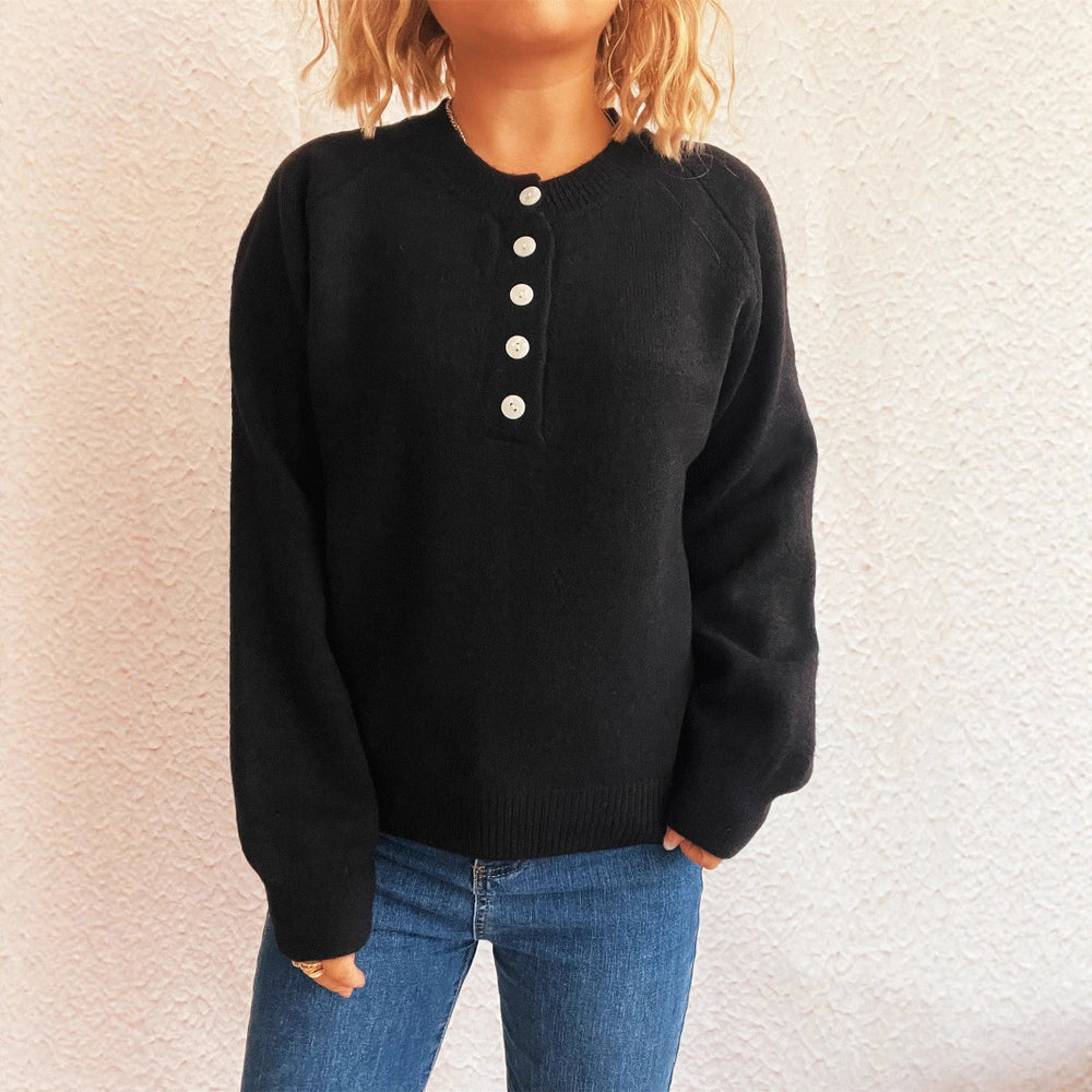 Damen gemütlicher Strickpullover mit Knopfdetails EB