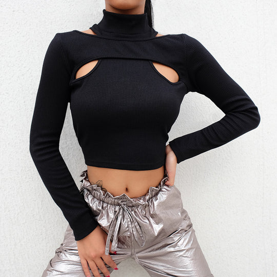 Damen trendiges Oberteil mit Cut-Outs und hohem Kragen EB