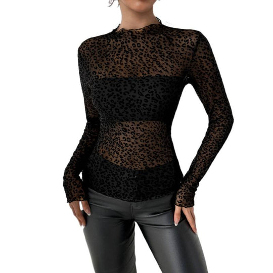 Damen Transparente Langarmbluse mit Animalprint EB
