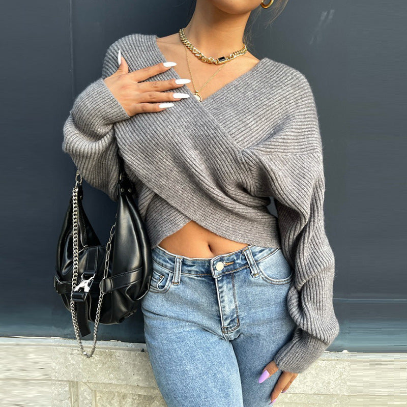 Damen Gemütlicher Strickpullover mit modernem Wickeldesign EB
