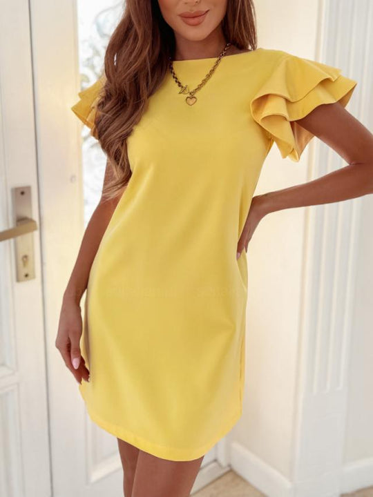 Damen Kurzarm Kleid mit Rüschenärmeln und Geradem Schnitt EB
