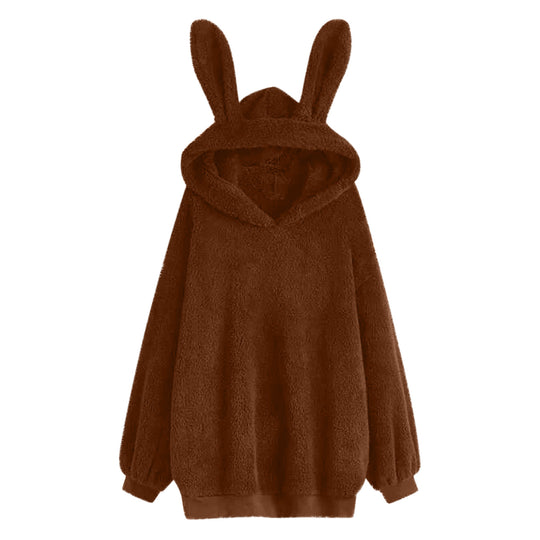 Damen nan flauschiger Oversize-Kapuzenpullover mit langen Hasenohren und gerippten Bündchen EB