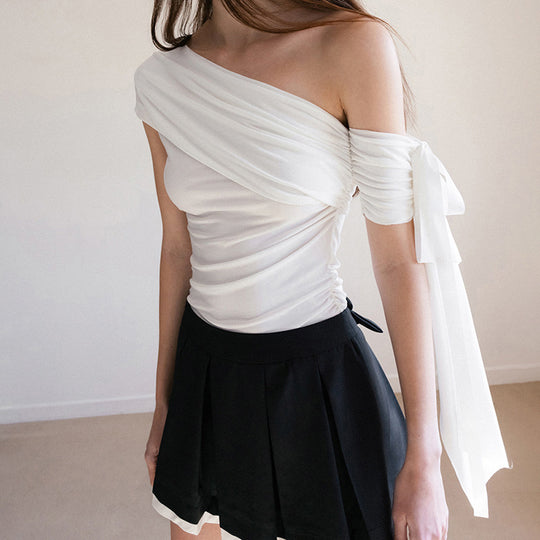 Damen Off-Shoulder Oberteil mit Rüschendetails und transparentem Ärmel EB