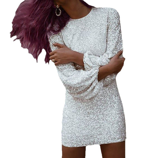 Damen Funkelndes Minikleid mit schmalem Schnitt und langen Ärmeln EB