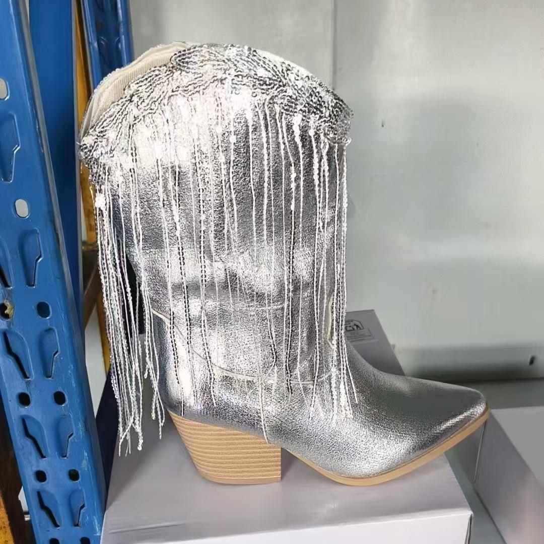 Damen kniehohe Fransen-Cowboystiefel mit feiner Perlenfransen-Verzierung und geformtem Blockabsatz EB