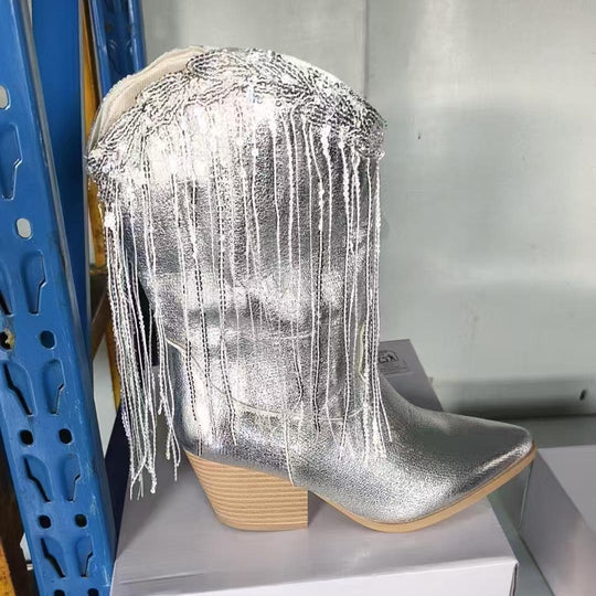 Damen kniehohe Fransen-Cowboystiefel mit feiner Perlenfransen-Verzierung und geformtem Blockabsatz EB