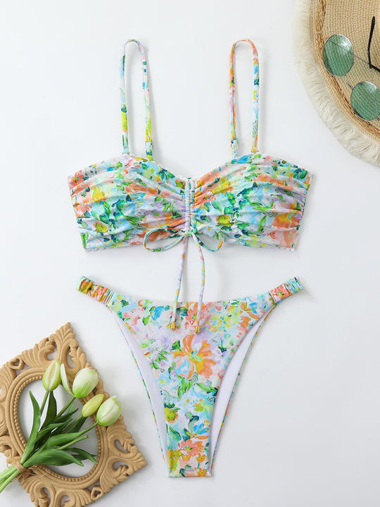 Damen-Bikini-Set mit Raffung und romantischem Blumendesign EB