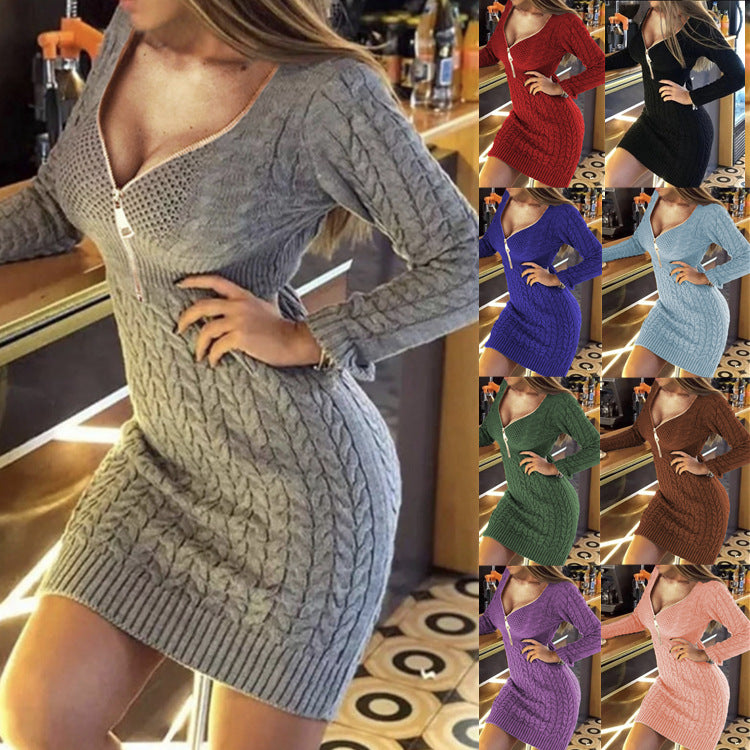 Damen Strickkleid mit Reißverschluss und Zopfmuster EB