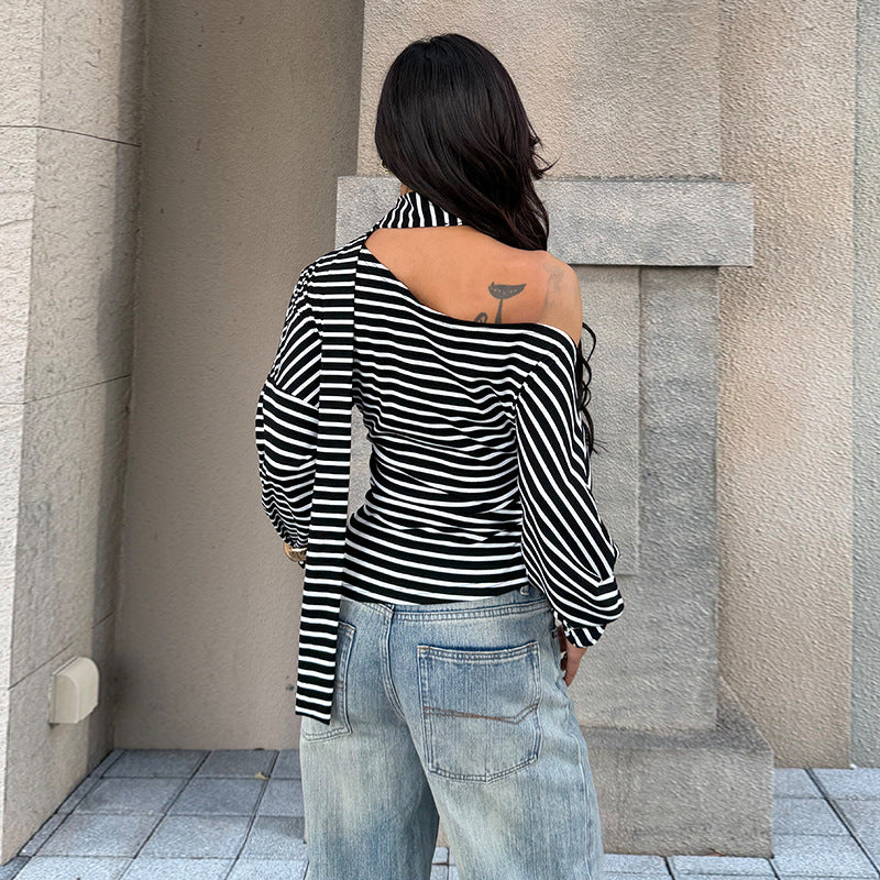 Damen asymmetrisches Streifenoberteil mit schulterfreiem Design und eleganter Schluppe EB