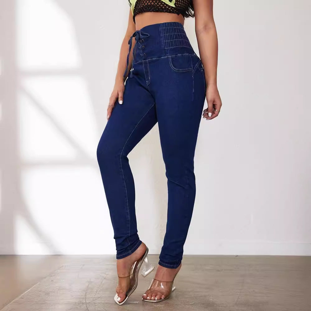 Damen Hochtaillierte Jeans mit verstellbarem Kordelzug und taillierter Passform EB