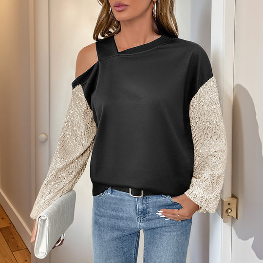 Damen Asymmetrisches Sweatshirt mit Schulterauschnitt und Paillettenstrickärmeln EB