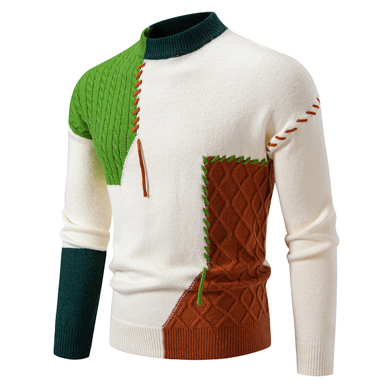 Herren modischer Strickpullover mit kreativen Zopf- und Farbblockdesign EB