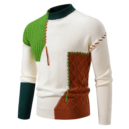 Herren modischer Strickpullover mit kreativen Zopf- und Farbblockdesign EB