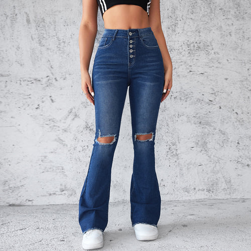 Damen Schlagjeans mit distressed Details und hohem Bund EB