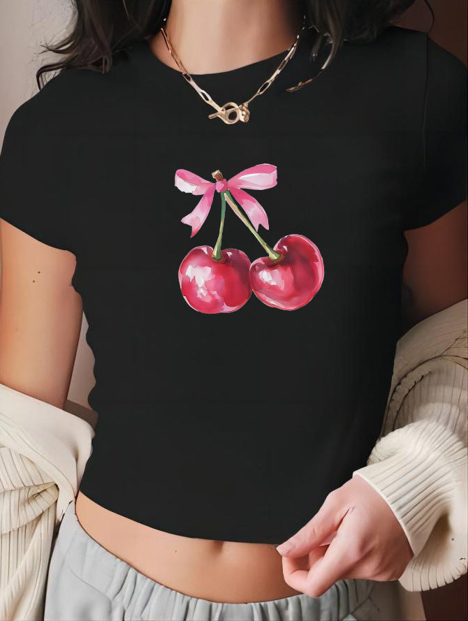 Damen Crop-T-Shirt mit fröhlichem Kirschmotiv EB