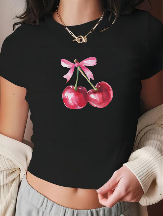 Damen Crop-T-Shirt mit fröhlichem Kirschmotiv EB