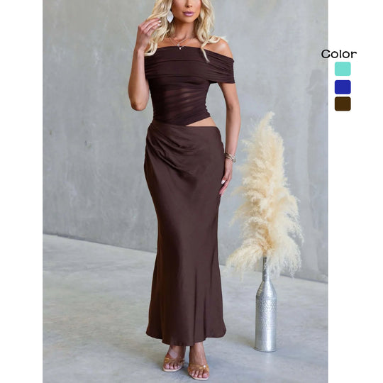 Damen Off-Shoulder Maxikleid mit elegantem Wickel-Design und figurfreundlichem Schnitt EB