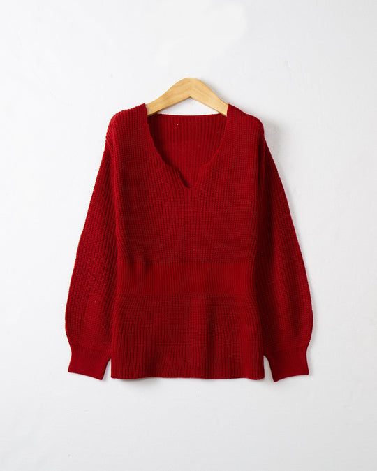 Damen Grobstrickpullover mit tiefem V-Ausschnitt und lässigem Schnitt EB