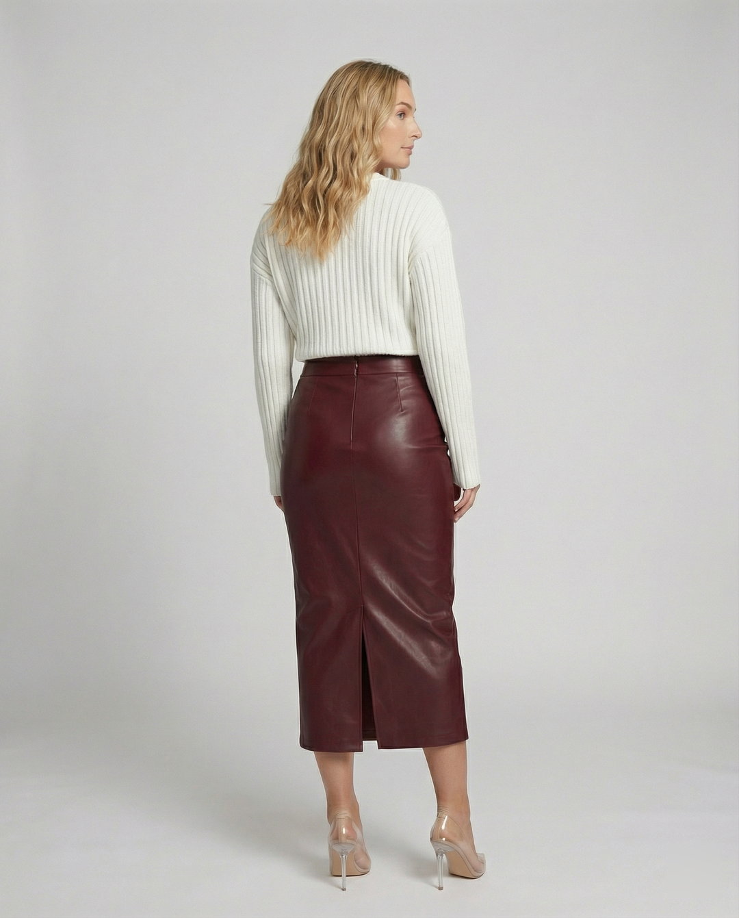 Damen Midi-Rock aus hochwertigem Leder mit Raffung EB