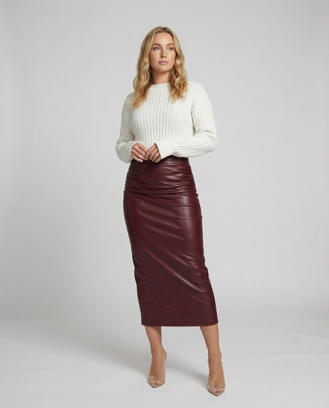 Damen Midi-Rock aus hochwertigem Leder mit Raffung EB