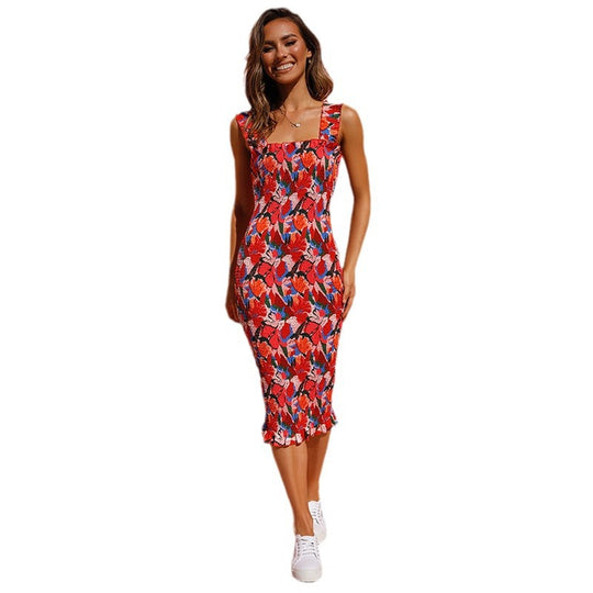 Damen Figurbetontes Blumenkleid mit Rüschensaum EB
