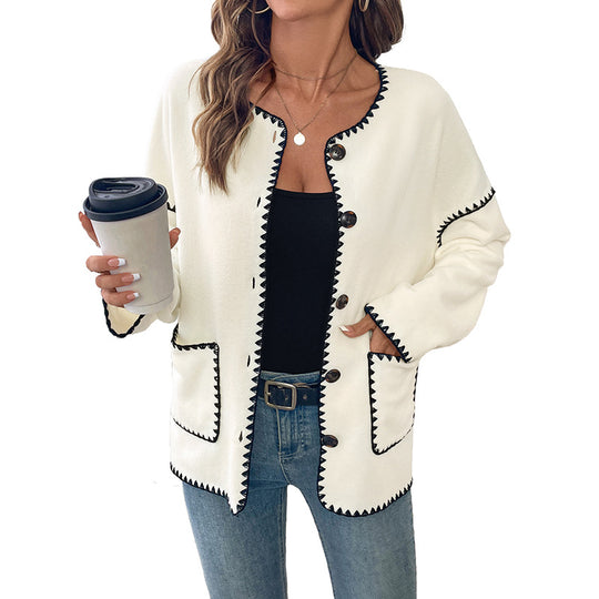 Damen modische Strickjacke mit einzigartigen Kontrastnähten EB