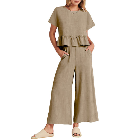 Damen Zweiteiliges Outfit mit fließendem Oberteil und weitem Hosen-Design EB