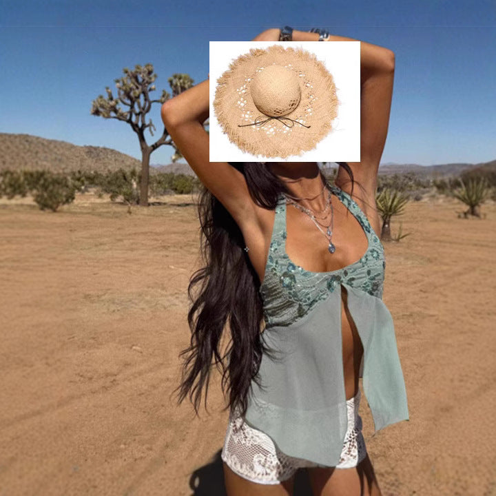 Damen Luftig-fließendes Strandtop mit Rüschendetails und transparenter Blende EB