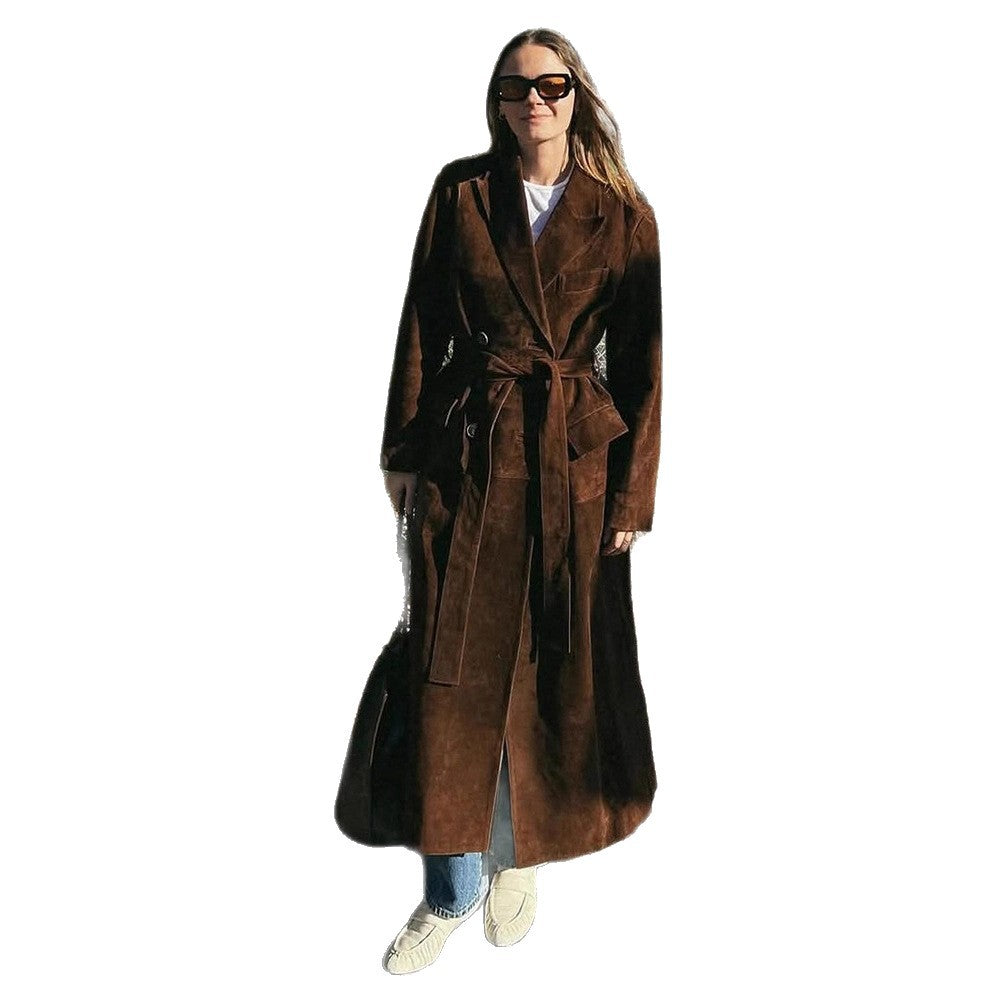 Damen Eleganter Wildledermantel mit Taillengürtel EB
