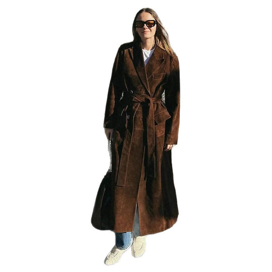 Damen Eleganter Wildledermantel mit Taillengürtel EB