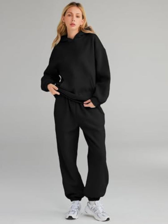 Damen Lässiges Hoodie-Jogging-Set aus French Terry mit Oversize-Kapuzenpullover und hochgeschnittener Jogginghose EB