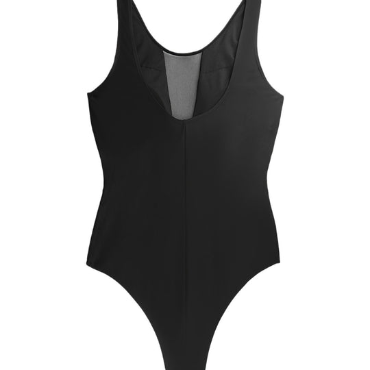 Damen Sportlicher Einteiler mit tiefem V-Ausschnitt und transparenten Mesh-Details EB