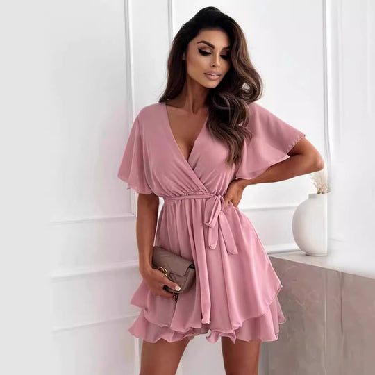 Damen luftiges Wickelkleid mit V-Ausschnitt und schwingendem Rock EB