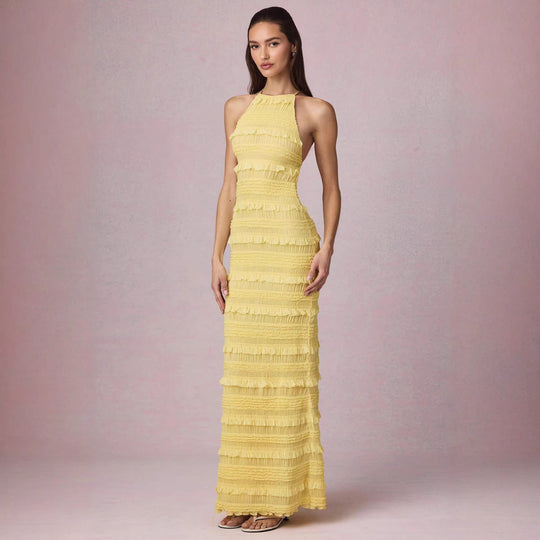 Damen Maxi-Kleid mit fransendem Design und elegantem Halterneck EB