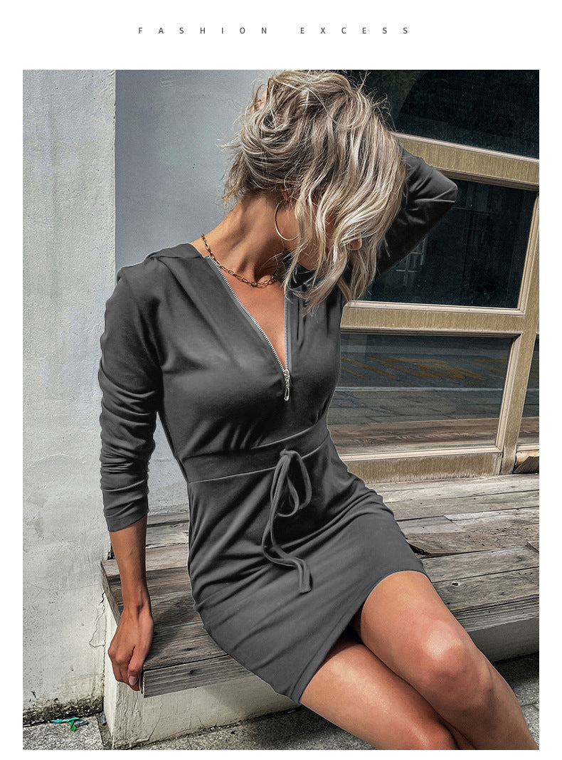 Damen Kapuzenkleid mit Reißverschluss und Taillenzug EB